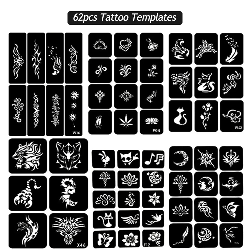 8 Bottles Temporary Tattoo Kit 8 Color Temporary Tattoo Ink with 62 Tattoo Stencils for Halloween Body Paint Art DIY Fake Tattoo