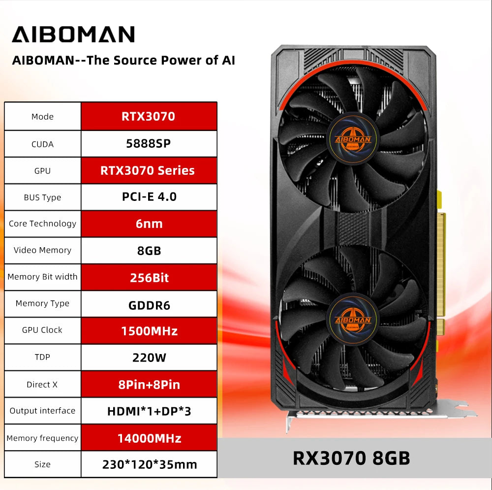 AIBOMAN Computer Graphics Cards RTX3070 8GB NVIDIA GPU GDDR6 256Bit 8Pin+8Pin PCI-E 4.0 rtx3070 8gb Suitable for  Gaming