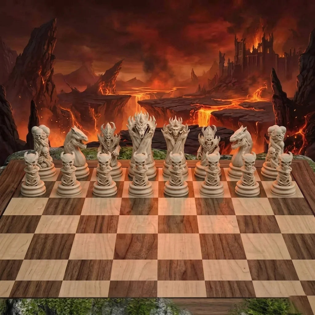 16 Pcs Gothic Vampire Demon Skull Chess Pieces, Dark Devil Sculpted Chessman, Medieval Undead Skeleton Themed Tabletop Ornament