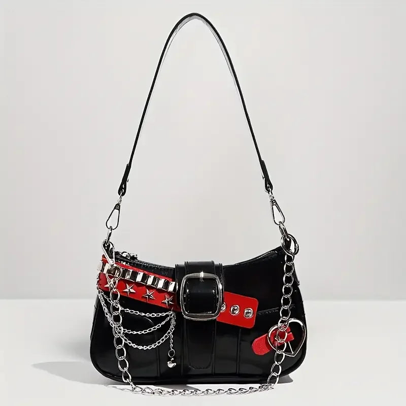 Y2K Punk Shoulder Bag For Women Retro Chain Rivet Underarm Handbag PU Leather Color‑block Sling Crossbody Bag Fashion Party Purse