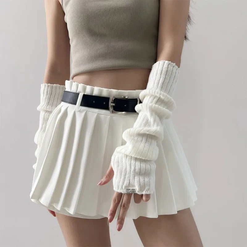 Women Fingerless Gloves Arm Warmers Goth Knitted Kawaii Lolita Style Gloves Wrist Sleeves Harajuku Mittens Y2K Black Accessories