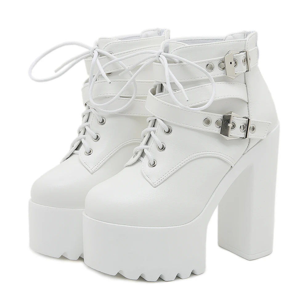 Gdgydh Women's Solid Color Block Heeled Boots Buckle Strap Fashion Goth Lace Up Dress Boots for Party Back Zipper Ankle Boots