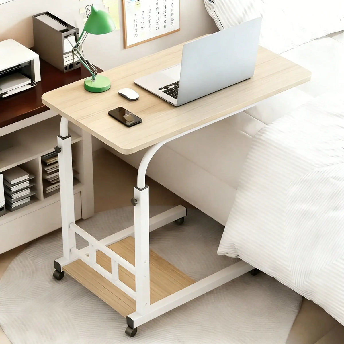 Kocoile Height-Adjustable Mobile Desk, Portable Laptop Desk With Locking Wheels, Bedside Computer Workstation With A Carbon Fiber Surface