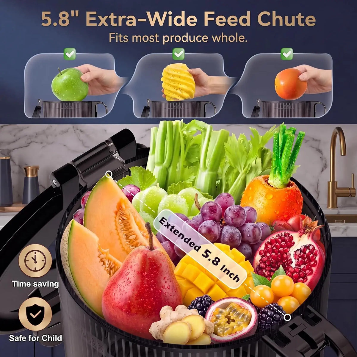Tacleekii Fruit Juicer Cold Press Juicer Machines Easy Clean for Fruits Greens Home Kitchen Dishwasher-Safe Parts, 5ft Cord Prep Safety Lock