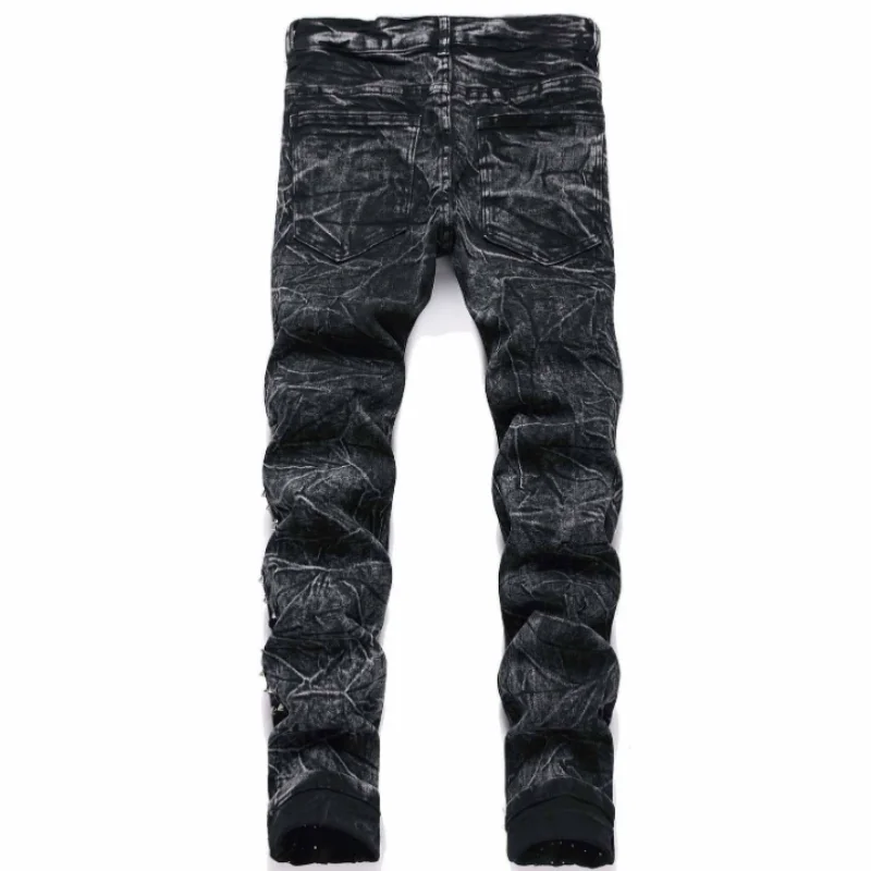 2025 new retro punk high street trendy rivet design black slim fit buckle men's jeans fashion classic denim pants
