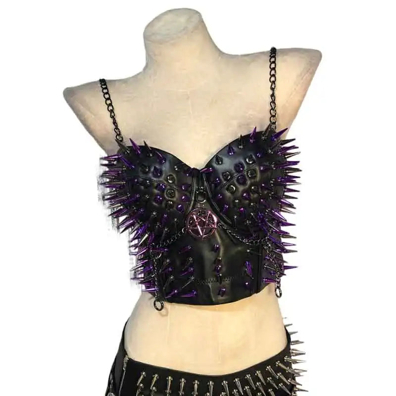 Emo Teen Kawaii Grunge Club Wear Gothic Y2K Vegan Leather TOPS Goth DIY Harajuku Punk Rock Purple Studded E-Girls Eco 90s Fairy