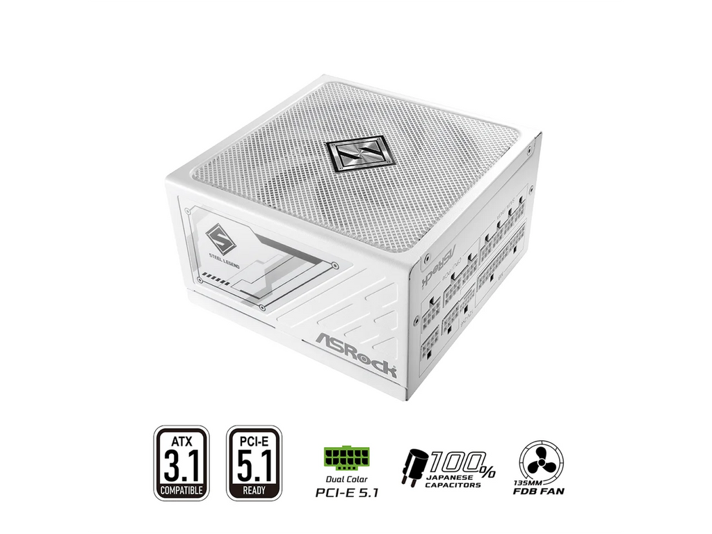 ASRock SL-850GW Gold 850W Full Modular Power Supply ASRock AIO PRO White 360 ARGB 27mm radiator, ARGB waterblock, ARGB Hub-lighting fan, white version