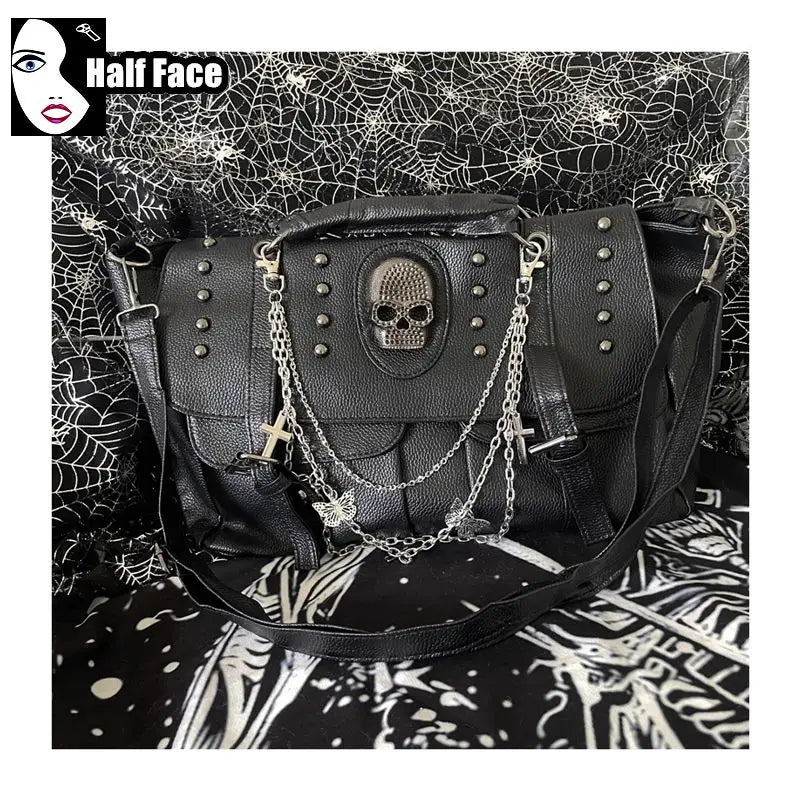 Y2K Spicy Girls Harajuku Gothic Punk Skeleton Head Chain Locomotive Subculture One Shoulder Lolita Women's Crossbody Bags Tote