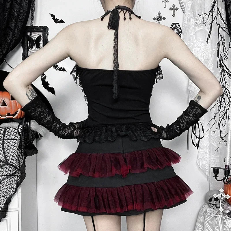 AltGoth Gothic Hotsweet Camisole Women Vintage Aesthetic Y2k E-girl Hipster Lace Patchwork Halter Crop Tank Tops Cosplay Clothes