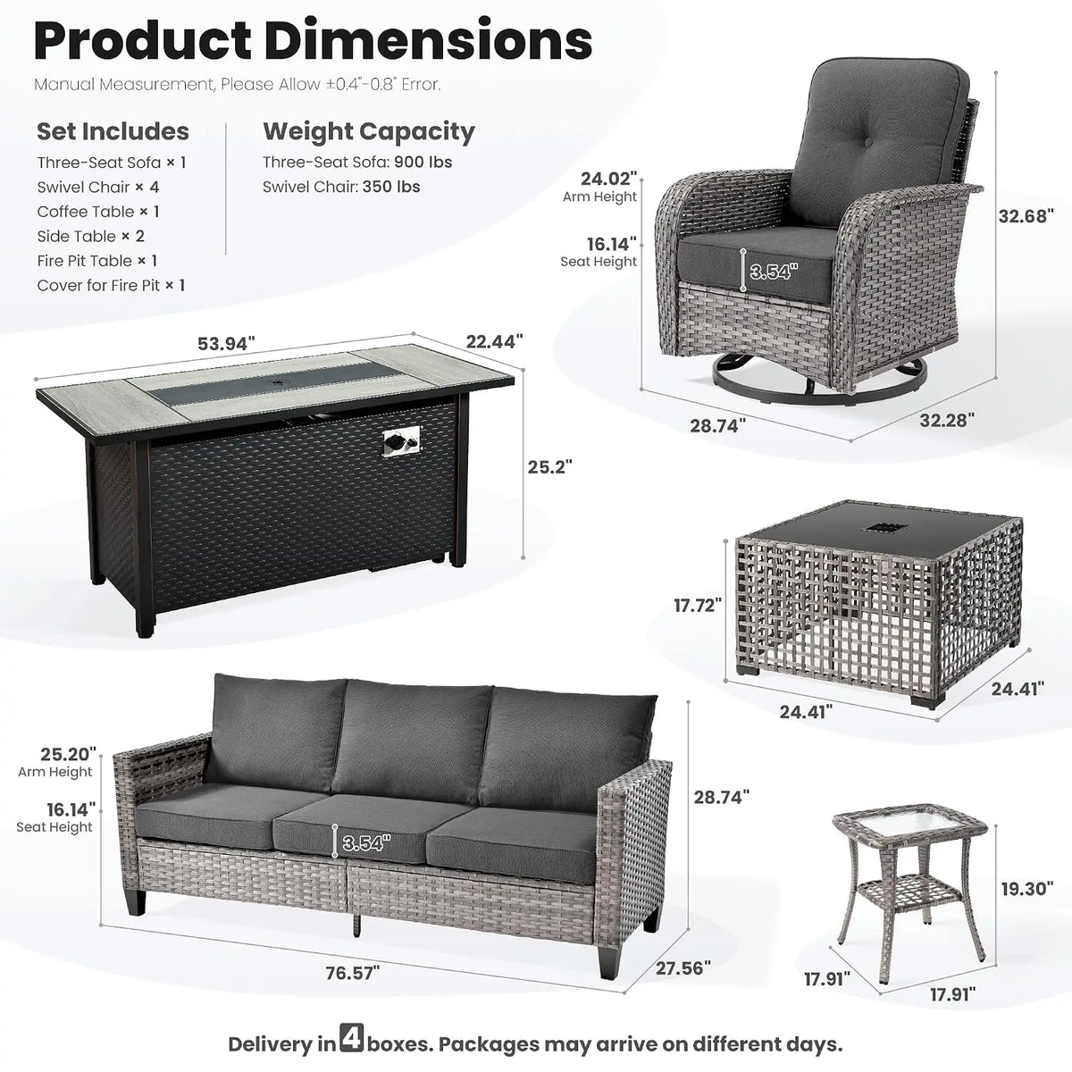 9 Pieces Patio Furniture Set, Outdoor Wicker Sofa Couch with Swivel Glider Chairs Fire Pit Table, Modern Deep Seat, Customized