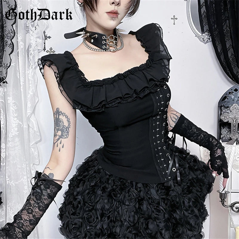 Goth Dark Mall Gothic Solid Square Neck Corset Tops Lace Patchwork Kawaii Off Shoulder Tanks Top Trim Bandage Shirts Streetwear