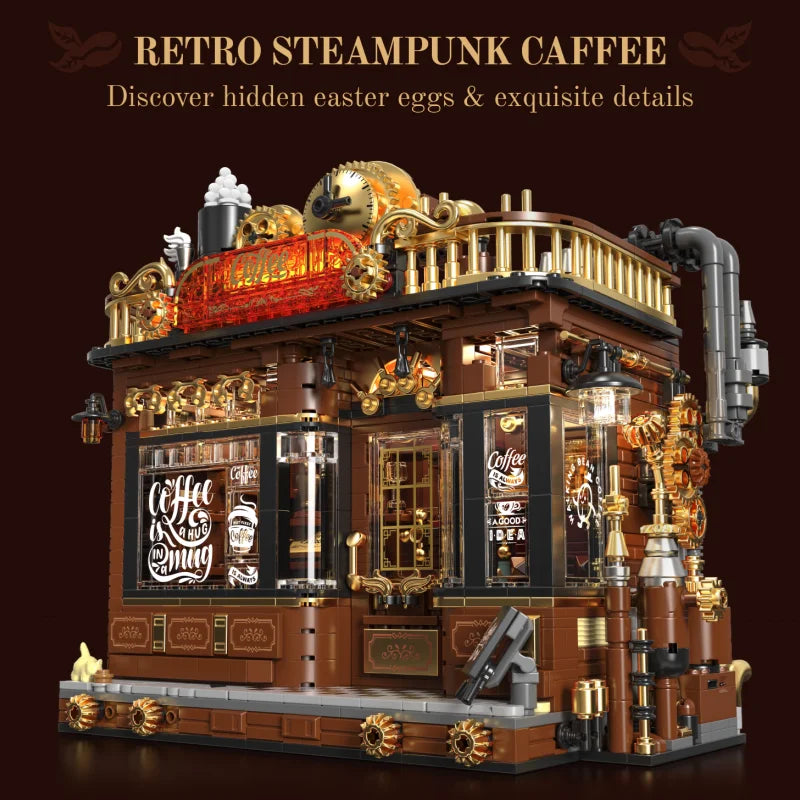 Steampunk Café Building Block Set, Double-Decker Openable Street Scene House Model, High-Difficulty Adult Assembly Toy and Desk