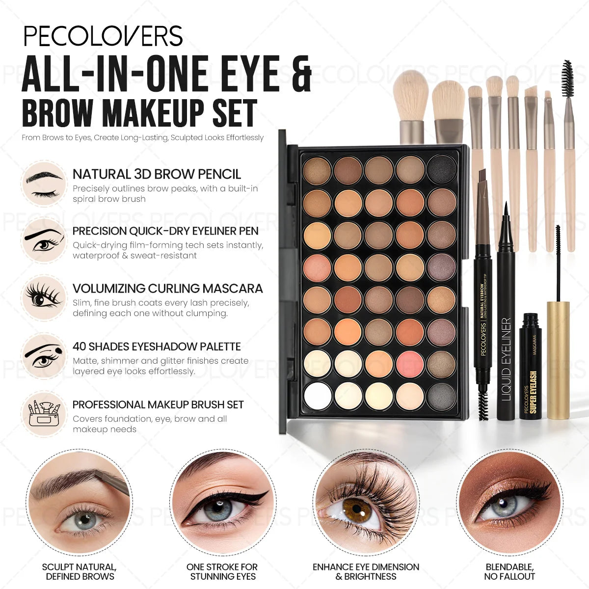 12PCS All-in-One Eye & Brow Makeup Set, 40 Shades Eyeshadow Palette, Eyebrow Pencil, Quick-Dry Liquid Eyeliner, Volumizing Curling Mascara with Brushes, Waterproof Sweat-proof, Matte Shimmer Glitter Eyeshadow Kit for Beginners Daily Party Makeup