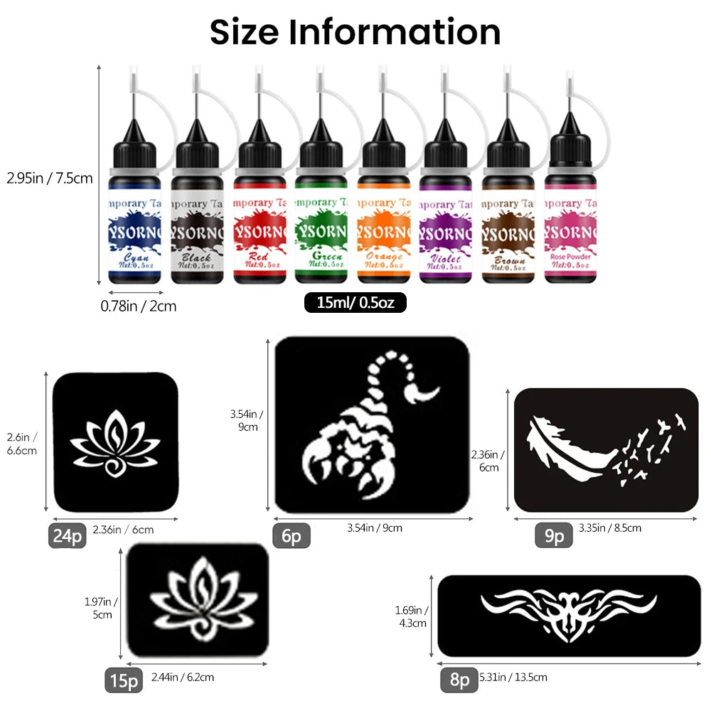 8 Bottles Temporary Tattoo Kit 8 Color Temporary Tattoo Ink with 62 Tattoo Stencils for Halloween Body Paint Art DIY Fake Tattoo
