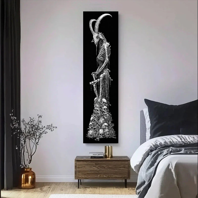 VIKAMA Dark Goat Skeleton Long Tapestry, Gothic-Style Rotting Skeleton Wall Hanging, Hallway Decorative Backdrop