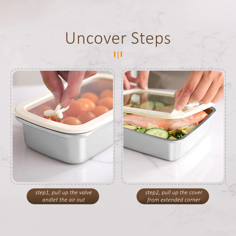 Snainy Pure 304 Stainless Steel Kitchen Fridge Oganizer Micro-vacuum Preservation Crisper Microwave-safe Glass Cover Bento Box
