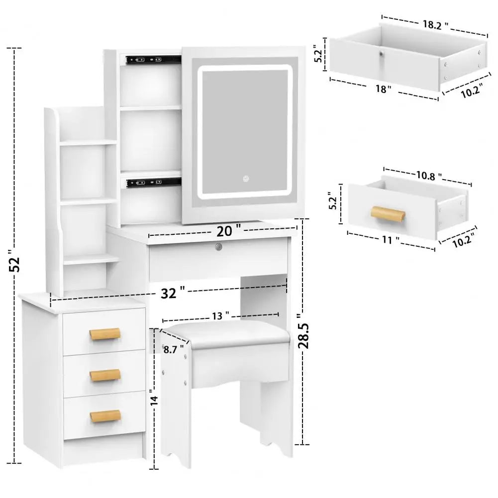 Vanity Desk with Sliding Mirror and Lights, Bedroom Dressing Table, Makeup Table with Drawers & Shelves, Hidden Storage Space