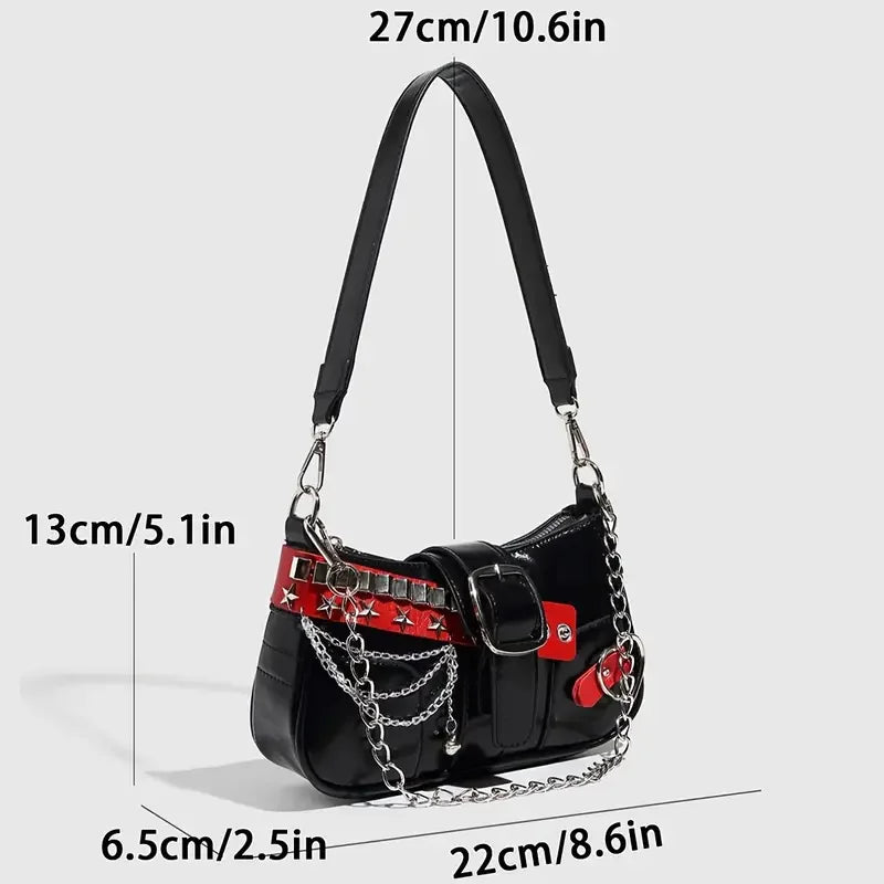 Y2K Punk Shoulder Bag For Women Retro Chain Rivet Underarm Handbag PU Leather Color‑block Sling Crossbody Bag Fashion Party Purse
