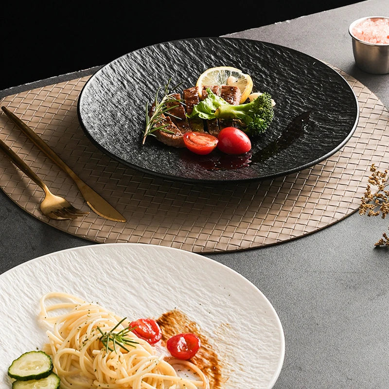 10pcs Rock-textured Shallow Plate, Reusable Main Dish, Sturdy and Not Easily Broken, Textured Embossed Design Pasta Plate - Suit