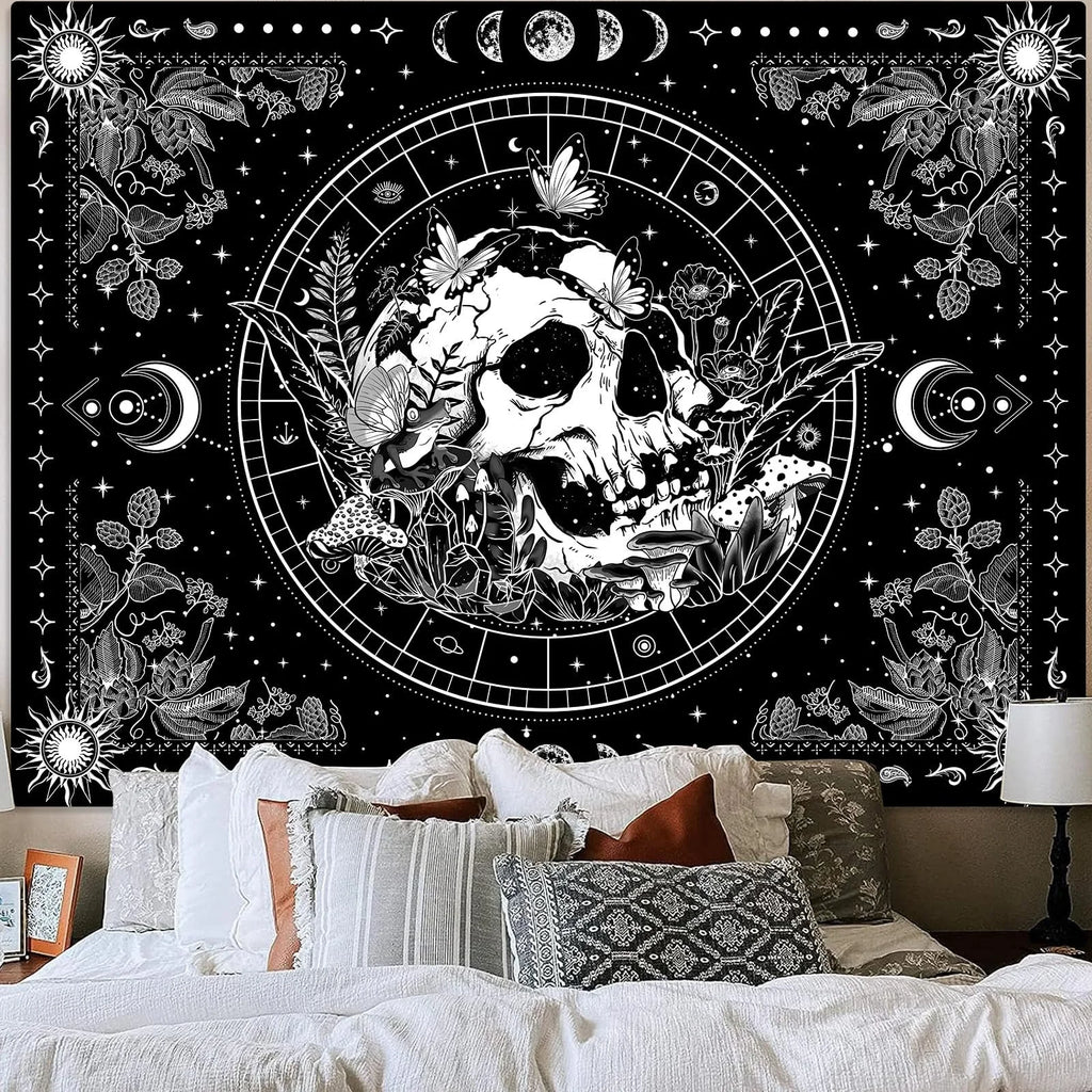 VIKAMA Black and White Skull Tapestry Hippie Natural Botanical Floral Aesthetic Living Room Dormitory Wall Hanging Home Decor
