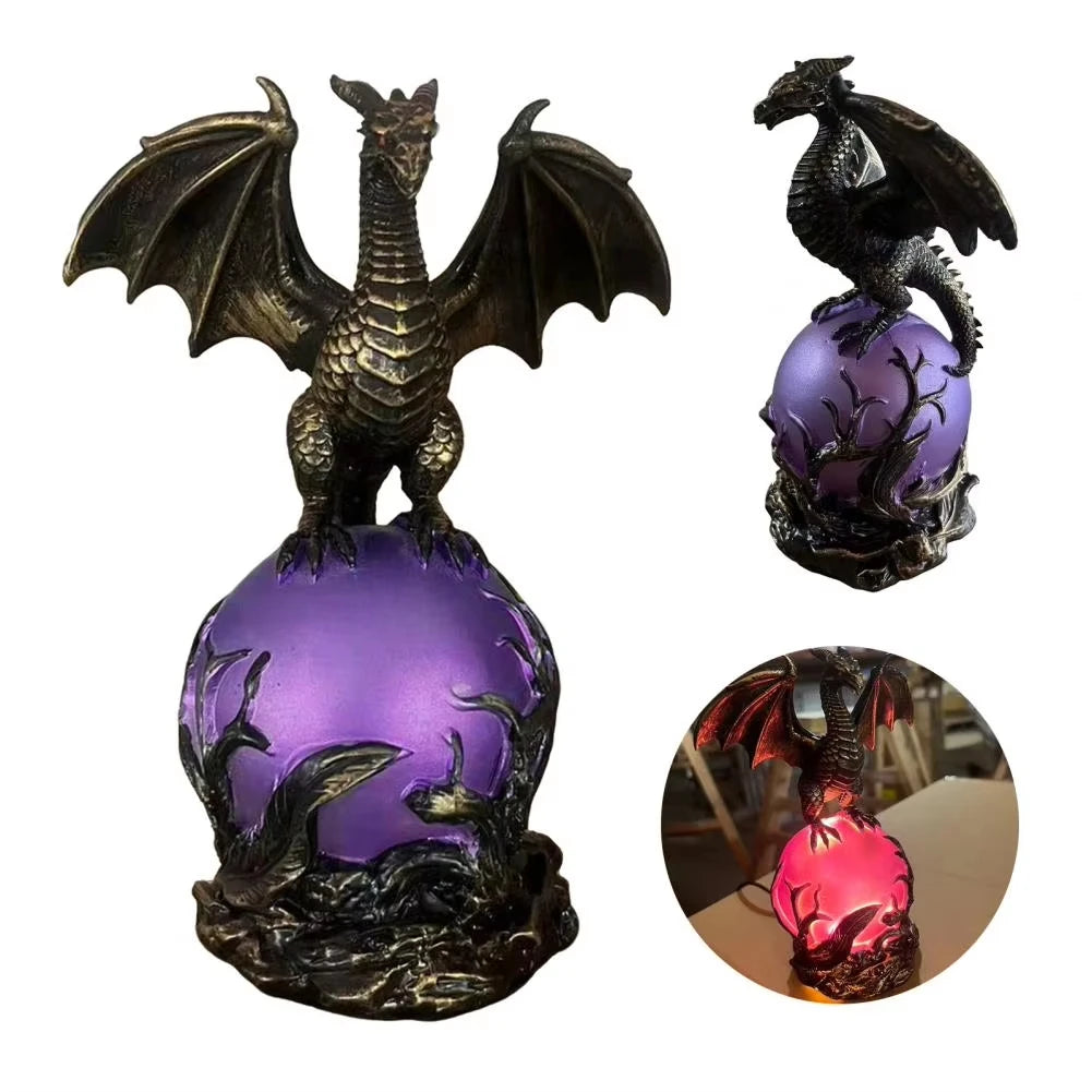 USB Powered Dragon Orb Mood Lamp, Dark Fantasy Resin Dragon Statue Figurine, Gothic Desktop Decor Gift for Men