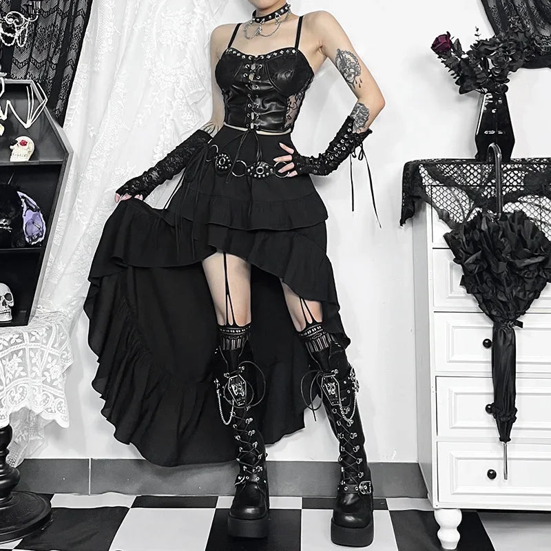 Goth Dark Kawaii Black Tiered Skirts 90S Retro Irregular Hem Party Bottoms Mall Gothic Women Fashion Dragging Skirt Alt Clothing