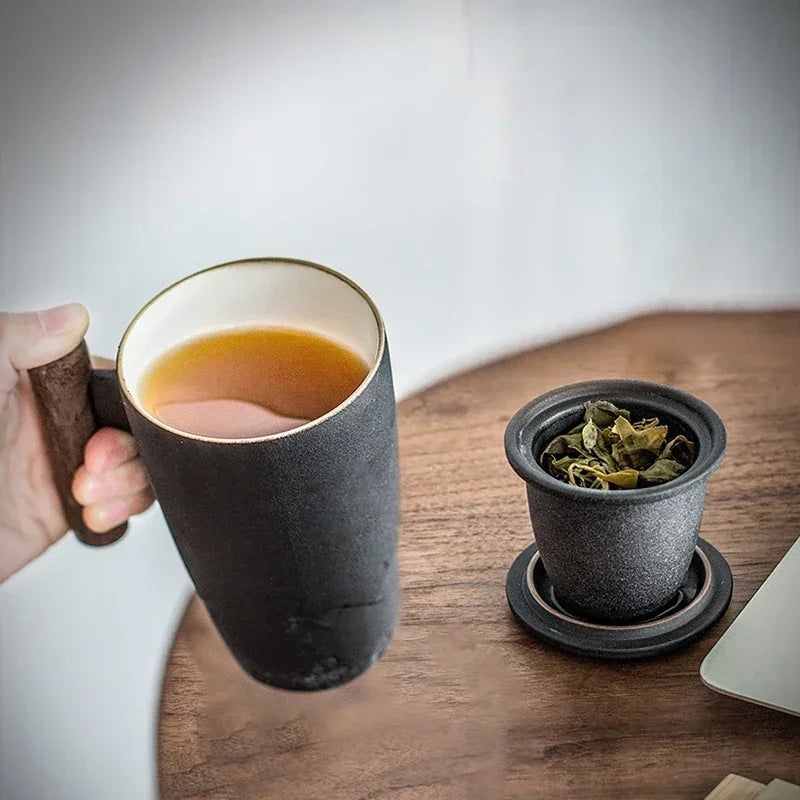 Luxury Retro Tea Cup Ceramic Mug Large Capacity Office Filter Black Water Cup with Cover Mugs Wooden Handle Cups Gift Ideas Box