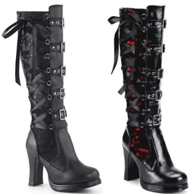Punk Gothic Style Women's Knee High Boots Ladies Motorcycle Boots Comfort Long Tube Knight Boots Platform High Heels Women Shoes