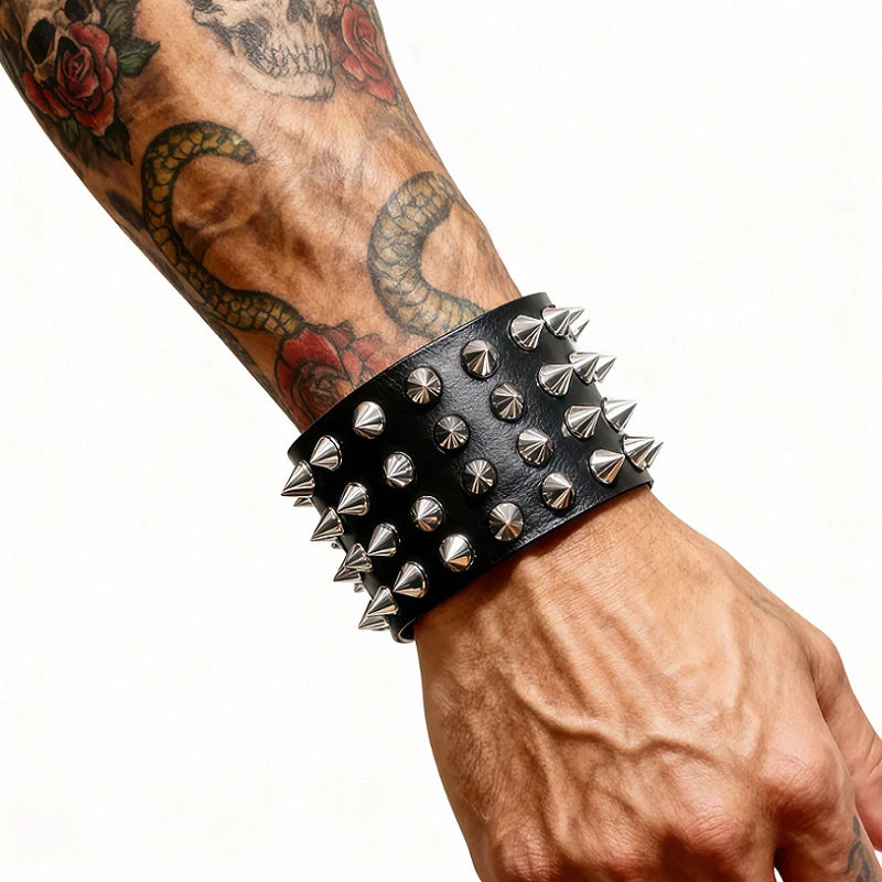 Leather Punk Spike Rock Studded Bracelet Goth Cuff Bracelet Gothic Rivet Buckle Wristband With Metal Chain Skull Accessories