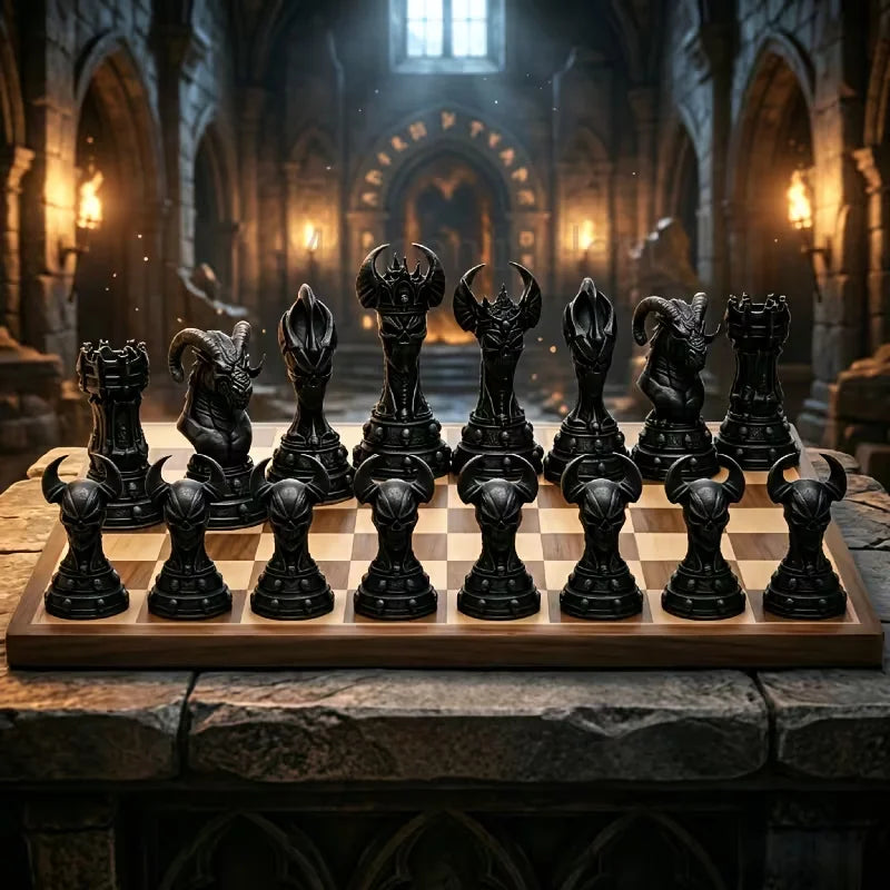 16 Pcs Gothic Demon-Themed Chess Set with Demonic Sculpted Pieces Desktop Decorative Ornaments