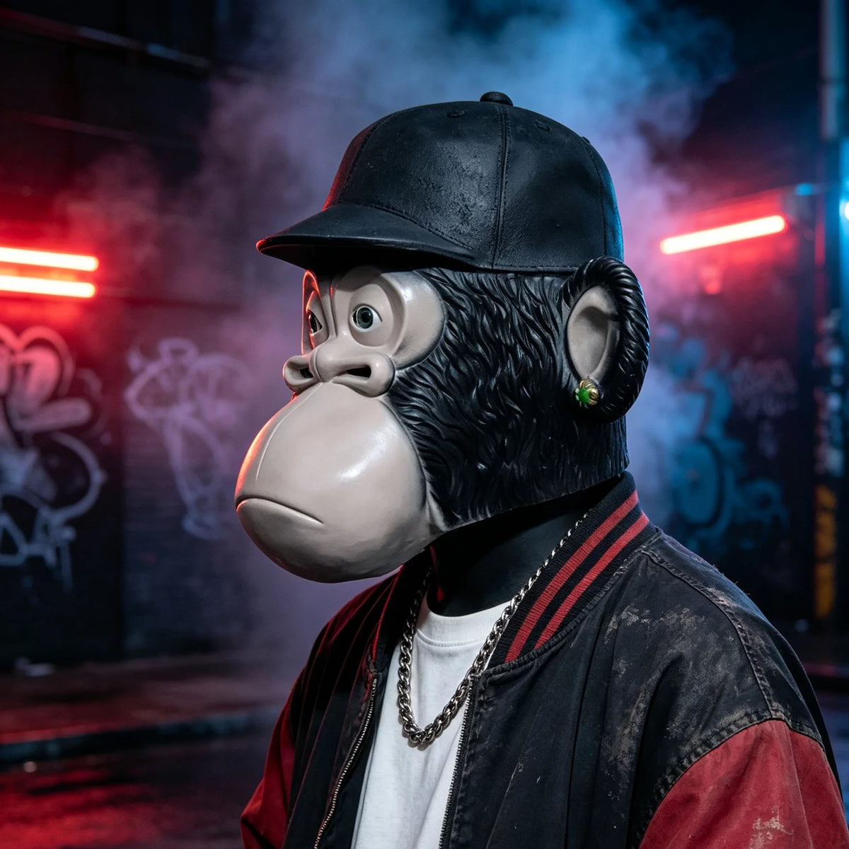 Chimpanzee Latex Full Head Mask with Baseball Cap & Ear Ornaments, Animal Cosplay Headgear for Halloween Masquerade, Party and Role Play Costume Props