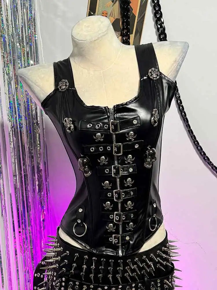 Y2K Gothic Emo Punk Top with Skull Grunge PU Leather Goth Tank Clothing ALT Rave Festival Vkei Cybergoth for Women