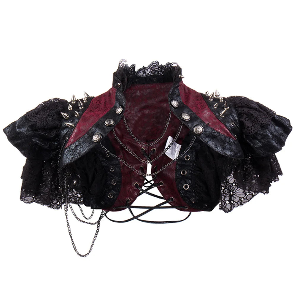 Red Leather & Black Lace Rivets Chains y2k Vintage Jacket Steampunk Costume Women Gothic Clothing Rock Rave Coat Cool Streetwear