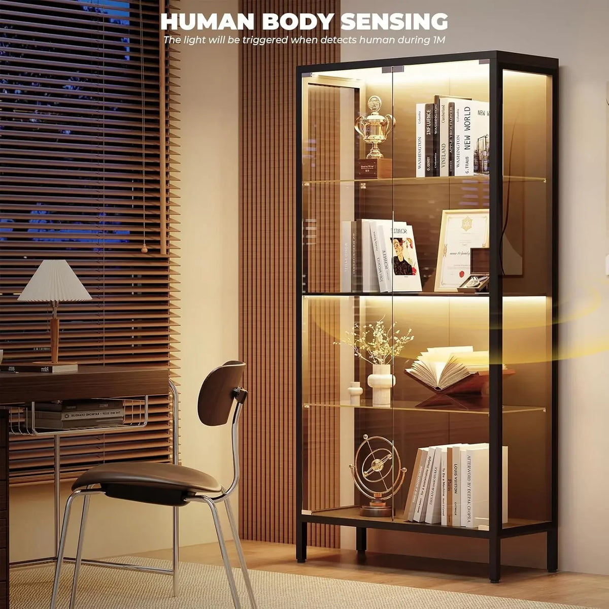 Black 4 Tier Glass Door Display Cabinet Curio Case With Motion Sensor Three Color Lights Adjustable Glass Shelves Storage Bookca