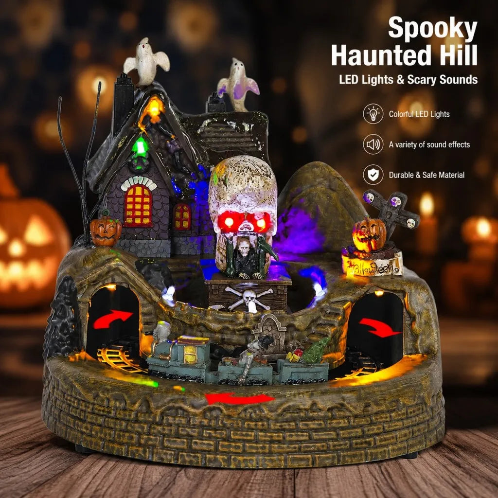 Halloween Holiday Village Train Decor with LED Lights Music Spooky Ghost & Skeleton Figurines, Festive Haunted House Decoration