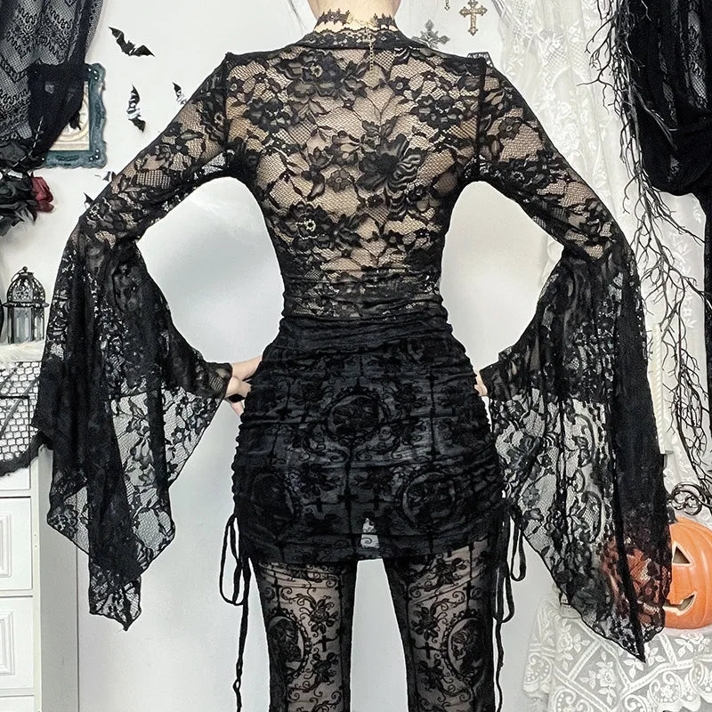 Goth Dark Cutecore Lace See Through Pullovers Tops Thin Sexy V-neck Flare Sleeve T-shirts Mall Gothic Bead Chain Decor Blouses