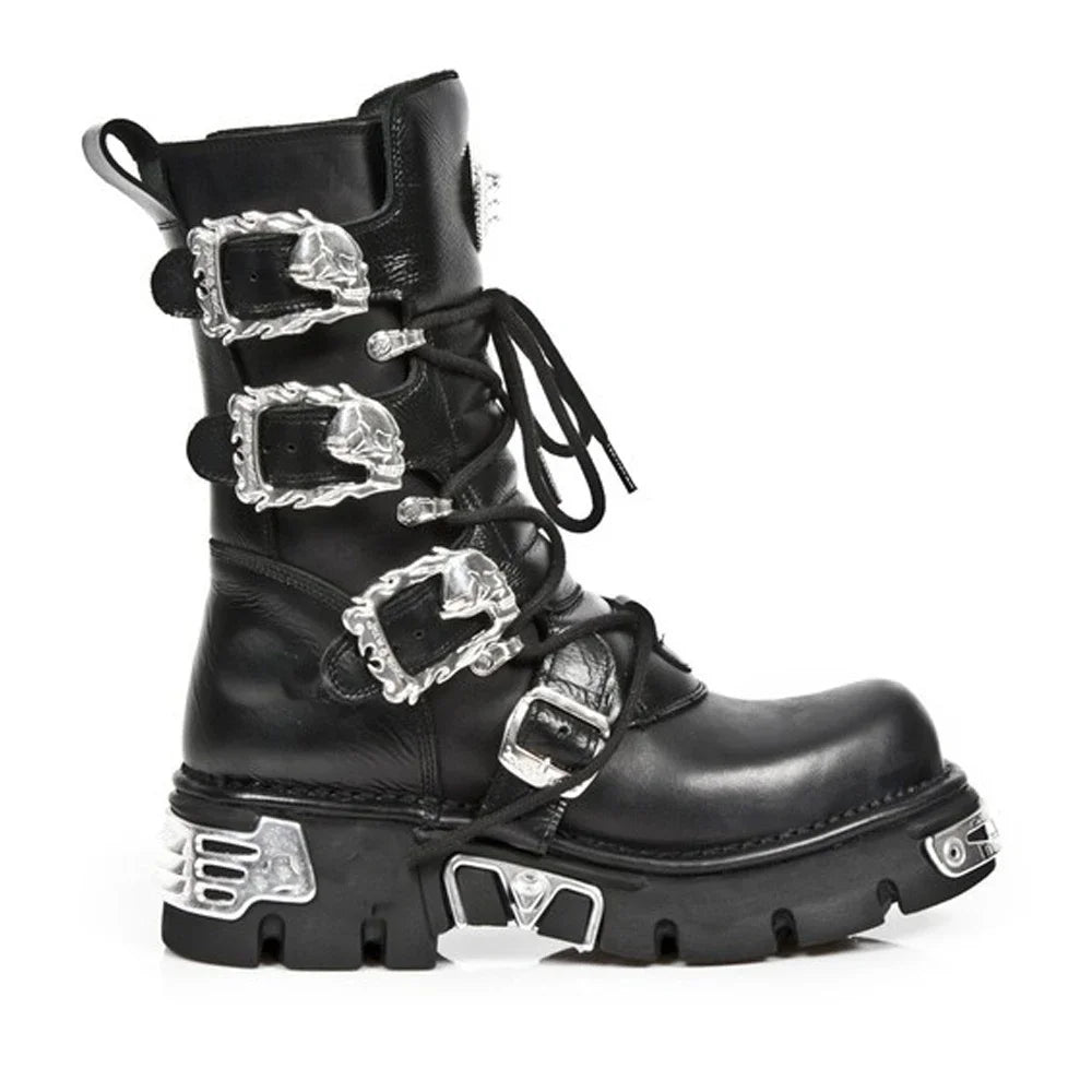 Men's Fashion Genuine Leather Motorcycle Boots Goth Skull Punk New Unisex Mid-calf Cowboy Boots Metallic Combat Boots