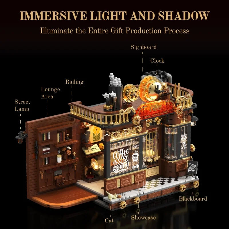 Steampunk Café Building Block Set, Double-Decker Openable Street Scene House Model, High-Difficulty Adult Assembly Toy and Desk