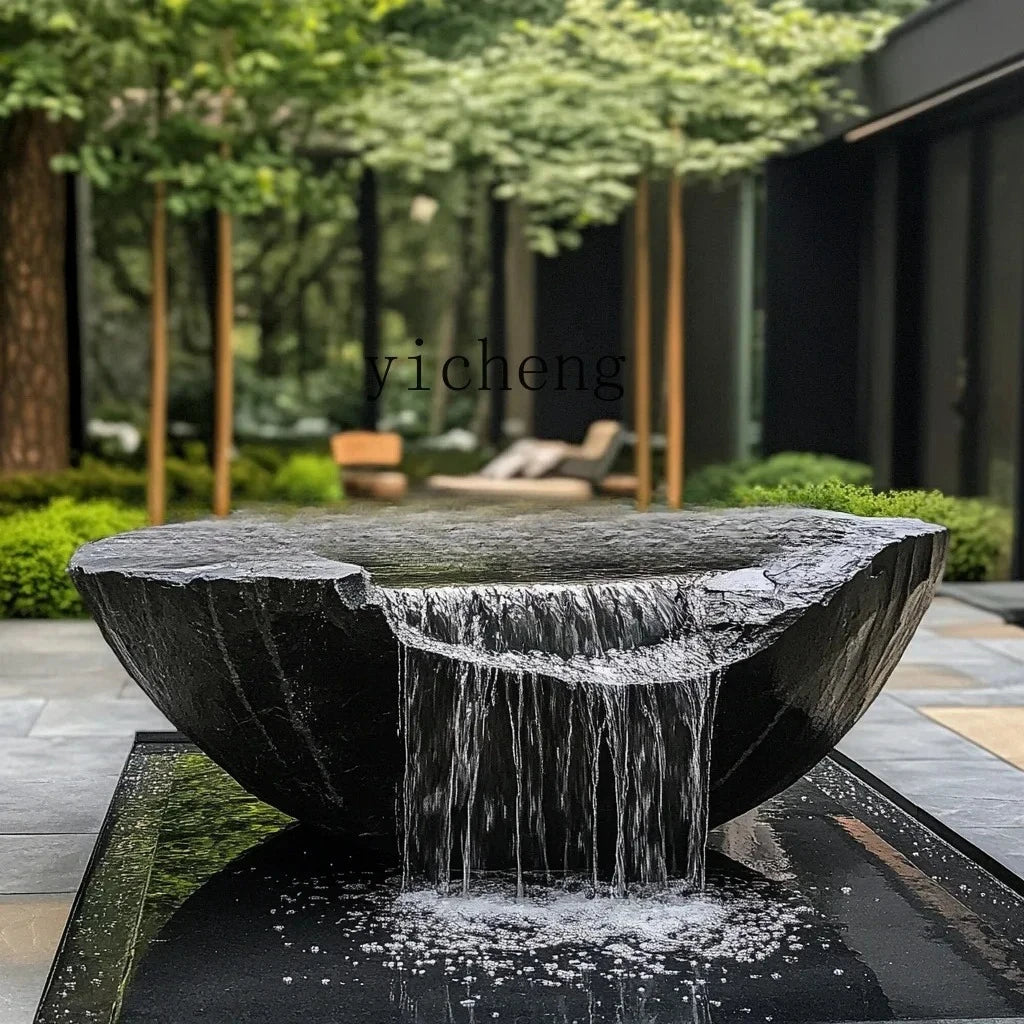 FZ  Black Mountain stone water bowl basin courtyard Chinese fountain stone carving water fountain garden  water feature