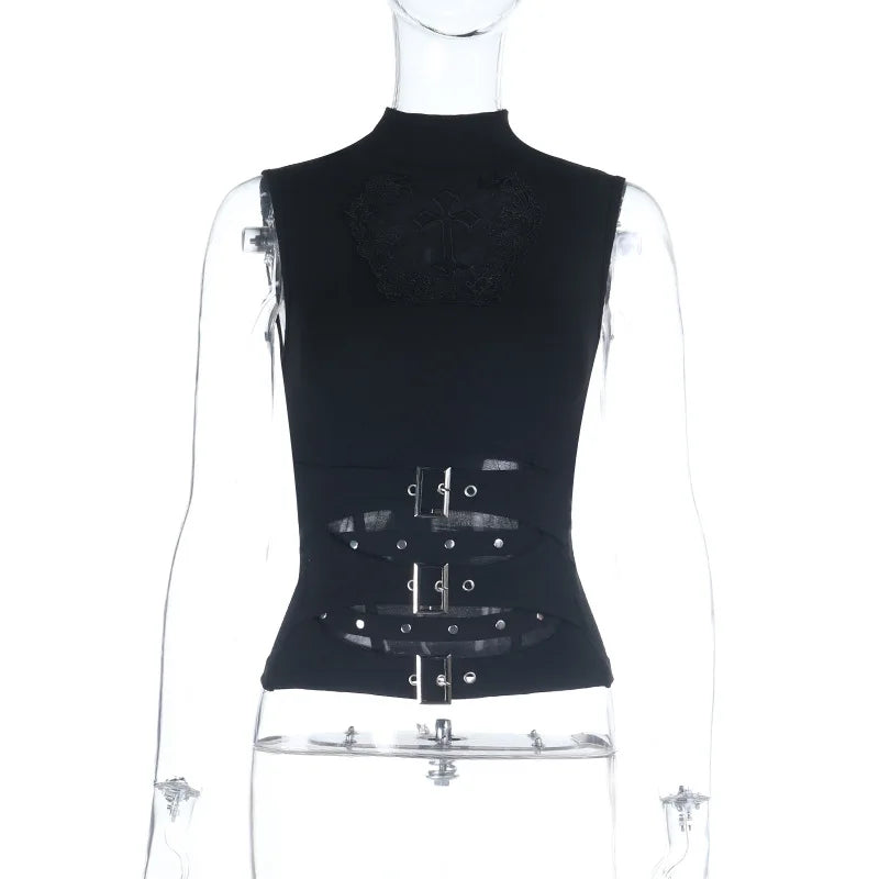 Goth Dark Mesh Pathwork Slim Tanks Top Mall Gothic Cross Sleeveless T-shirts Women Punk Sheer Alternative Tops Chic Streetwear