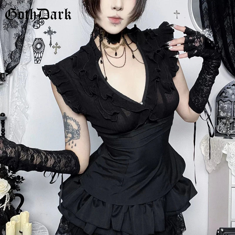 Goth Dark Women Fashion Summer Solid V-neck Tanks Top Mall Gothic Slim Sleeveless Tops Kawaii Ruffles Lace-up Vests Teachwear