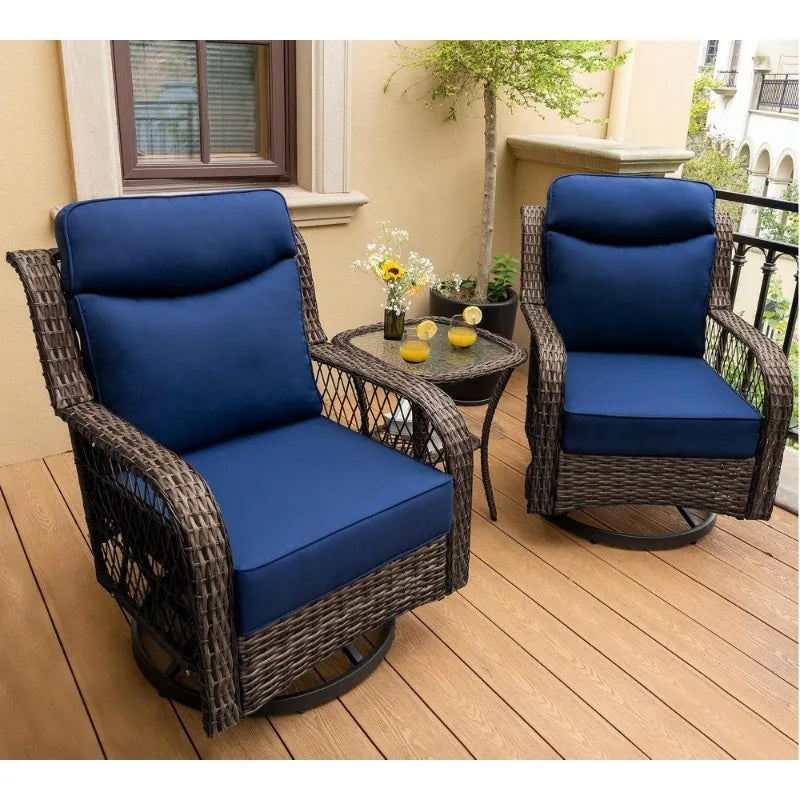 Outdoor Swivel Rocker Chairs 3 Piece Set with Rattan Side Table, Wicker Patio Chair with 5 Thick Cushions & 25 Support Back