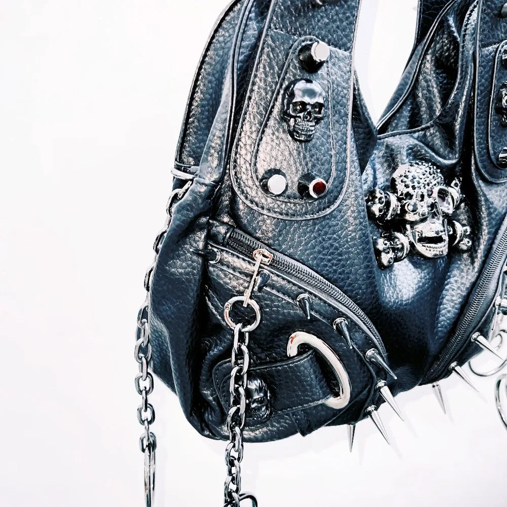 Original Punk Style Black Leather Hip Hop Rock Metal Bag Rivet Skull Bag Goth Punk Shoulder Bag