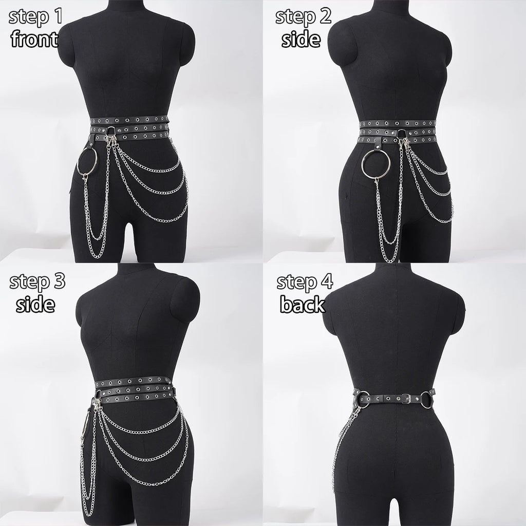 Punk Gothic Adjustable Multi‑layer PU Leather Waist‑leg Harness Belt with Chain Decor for Women, Street‑style Body Chain Accesso