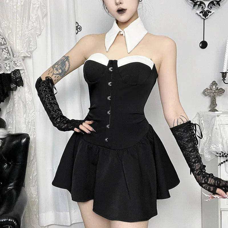 Goth Dark Alternative Partywear Mall Gothic Strapless Pleat A-line Dress Cyber Y2K Button Tie Collar Mini Dresses Cutecore Gown