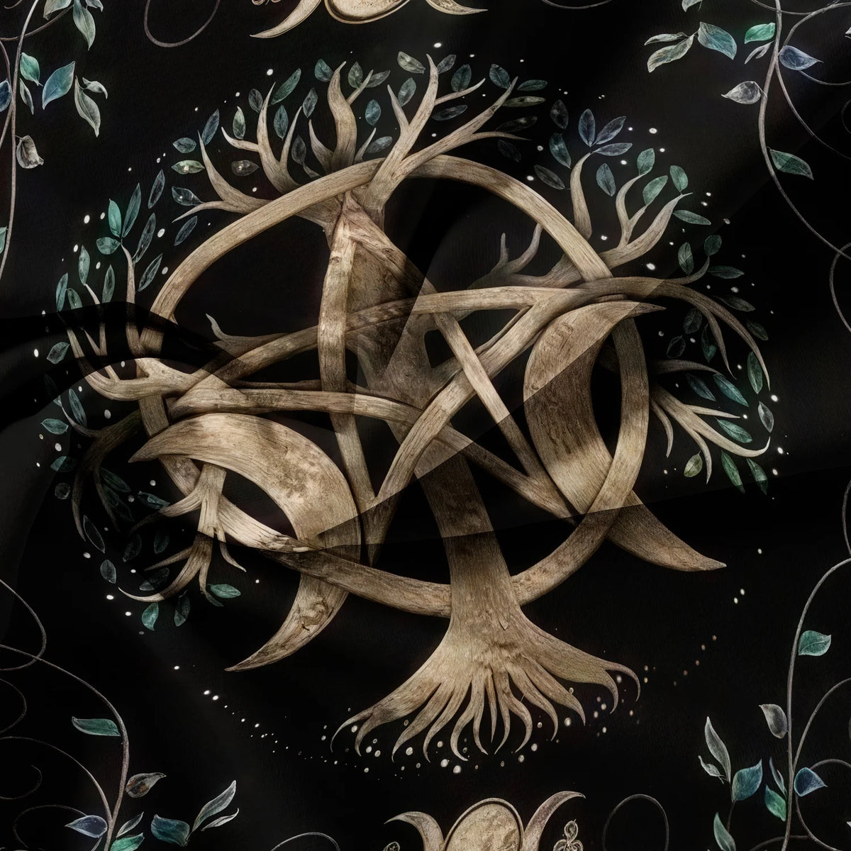 3pcs Tree Of Life, Pentagram, Triple Moon Phase,Green Vines And Leaves Digital Print Bedding Duvet Cover Set