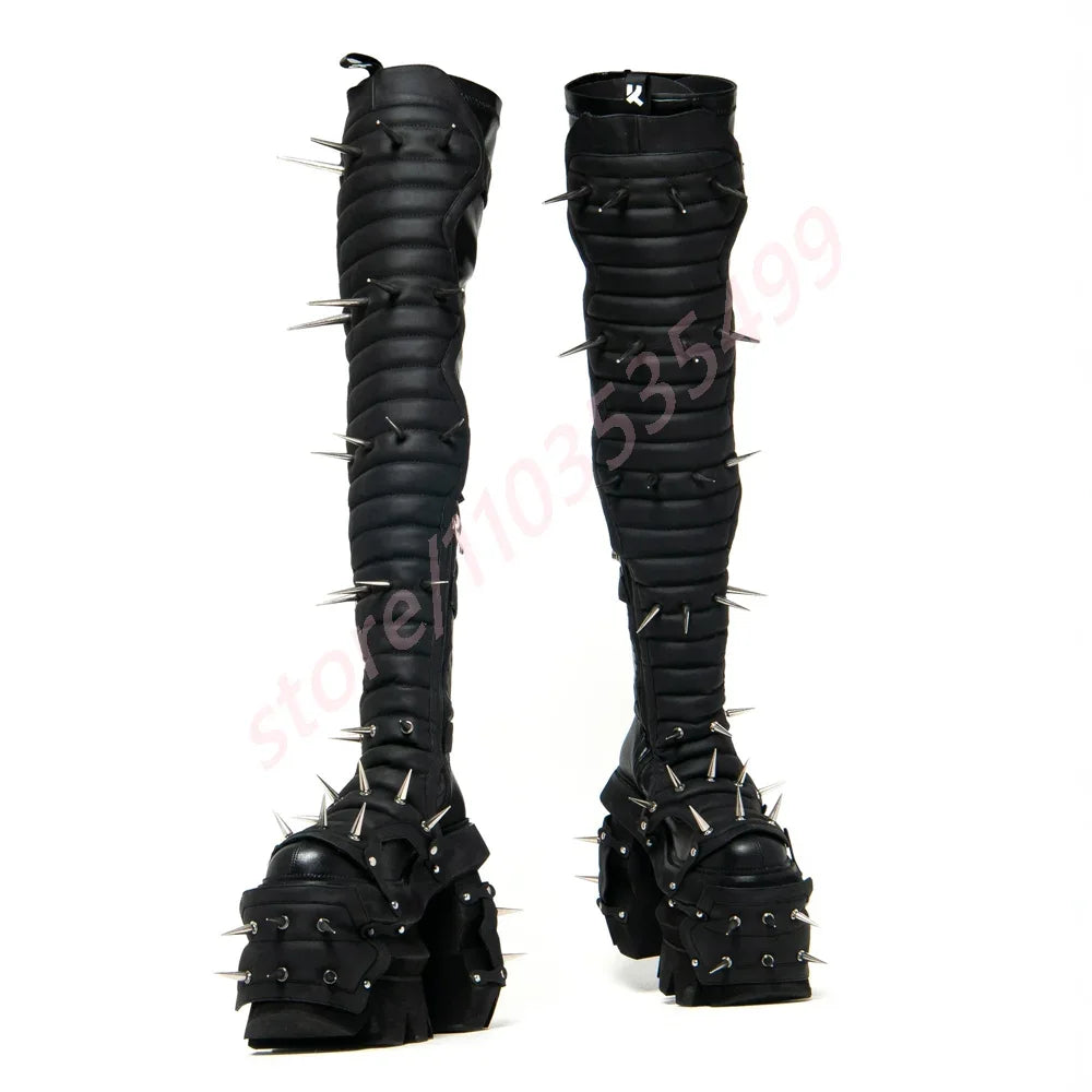 Thick Sole Rivets Weird Belt Buckle Motorcycle Boots 2025 Round New Punk Rock Over Knee Knight Boot Ins Style Fashion Party Boot