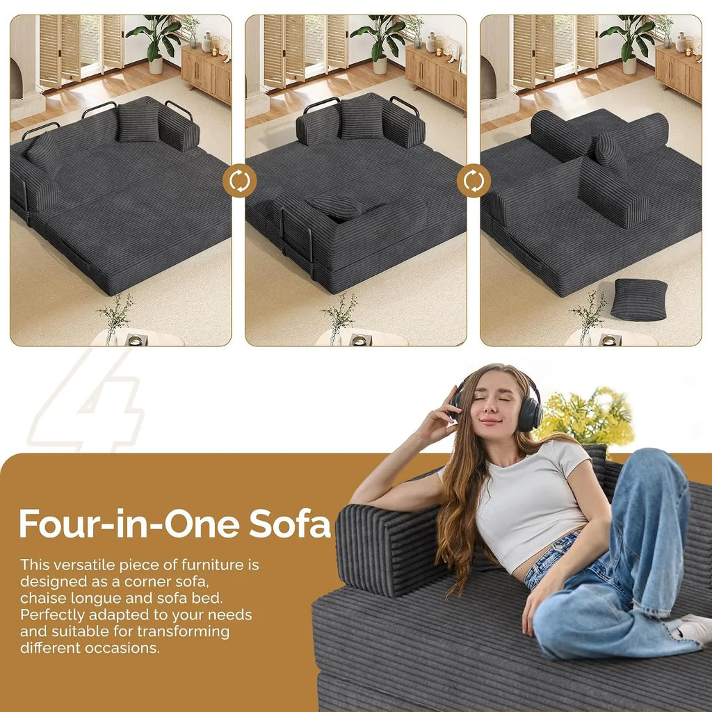 Convertible Coarser Corduroy Sleeper Sofa Bed with Cylindrical Pillow, Folding Mattress Couch with Fixed-Shape, Customized
