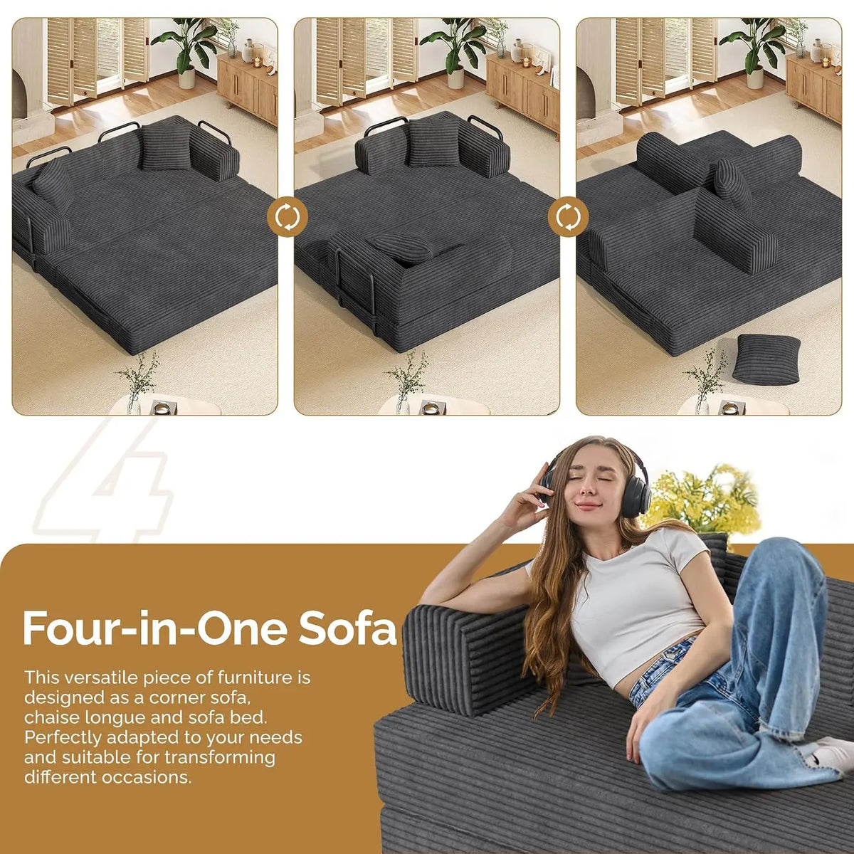 Convertible Coarser Corduroy Sleeper Sofa Bed with Cylindrical Pillow, Folding Mattress Couch with Fixed-Shape, Customized