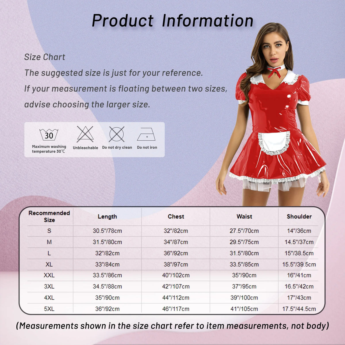 Womens Patent Leather Latex French Maid Servant Dress Cosplay Costume Ruffles Lace Trimming Apron Maid Dress Halloween Outfit